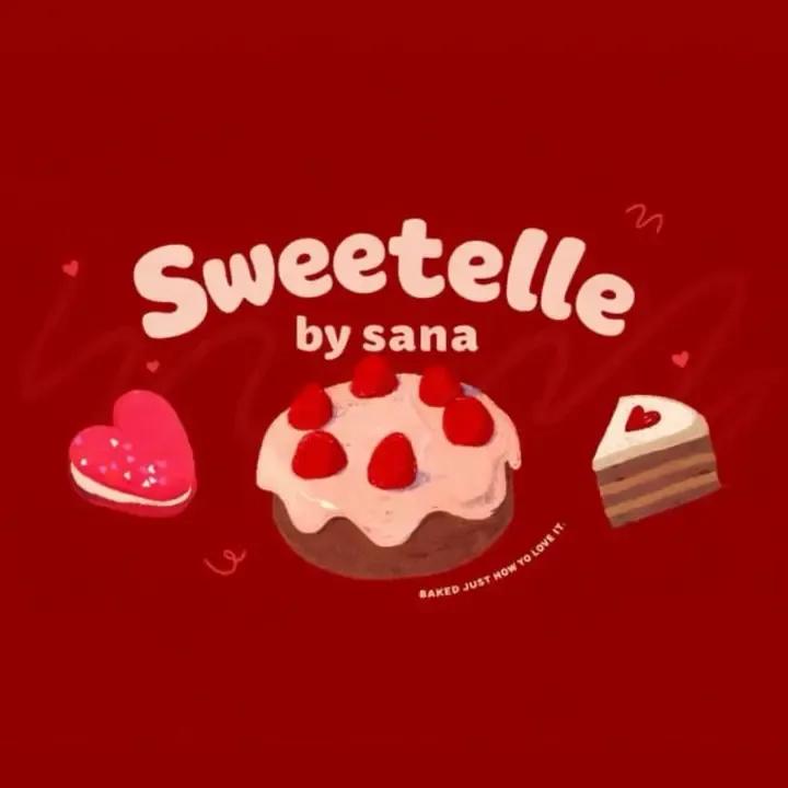 Sweetelle by Sana brand illustration with a cake, a heart and a slice of chocolate cake