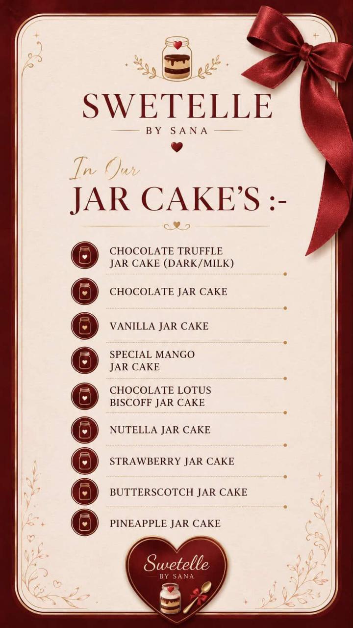 Sweetelle by Sana jar cakes menu. Open the image for the full list of flavours.
